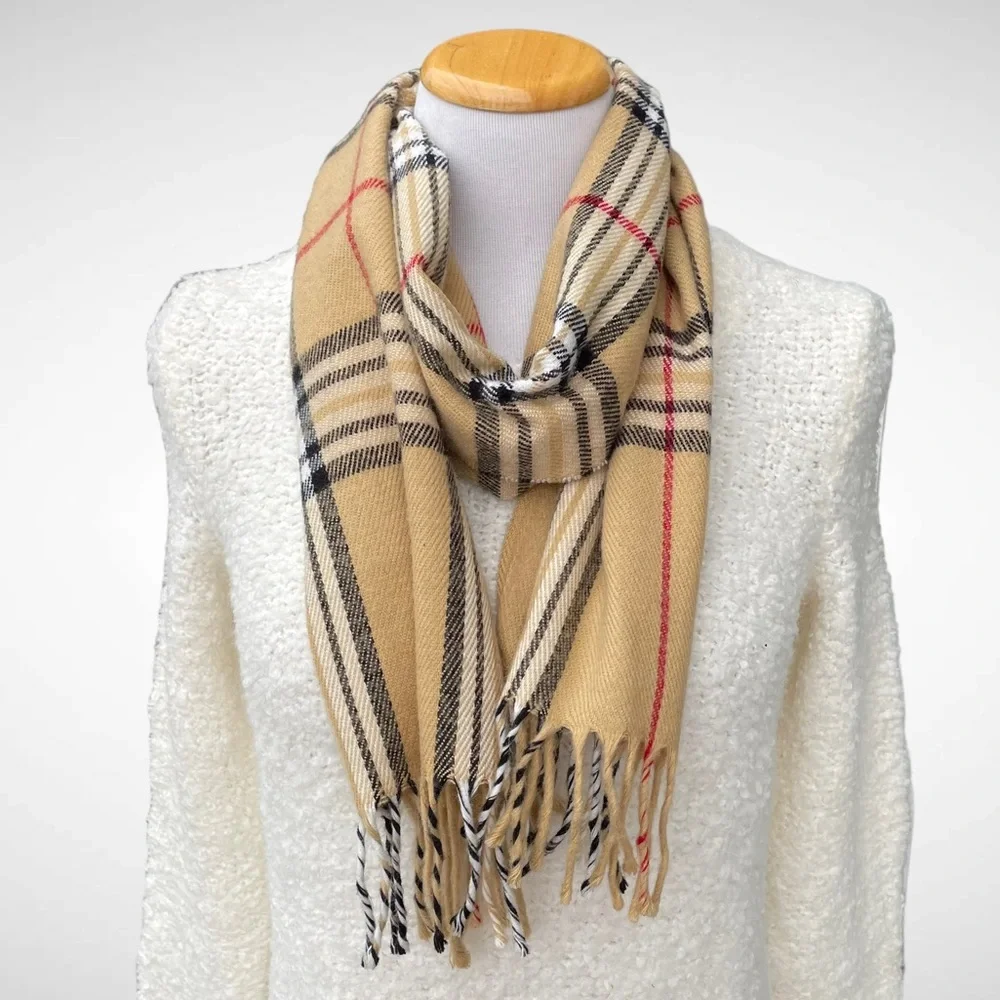 Plaid Rectangular Acrylic Scarf with Fringe 12” x 64”